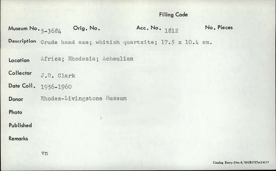 Documentation associated with Hearst Museum object titled Handaxe, accession number 5-3684, described as Crude hand axe; whitish quartzite; 17.5 x 10.4 cm.
