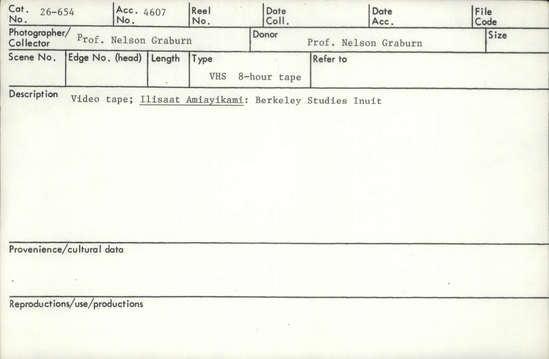 Documentation associated with Hearst Museum object titled Video recording, accession number 26-654, described as Video tape; Ilisaat Amiayikami: Berkeley Studies Inuit.  Script by Minni Aodlak Freeman, Berkeley: Hearst Museum and Canadian Studies Program. 8 hour tape.