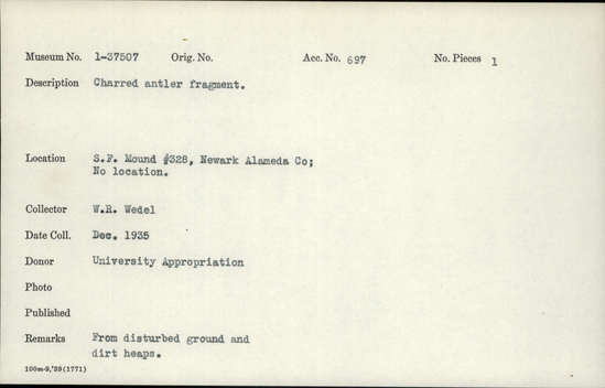 Documentation associated with Hearst Museum object titled Antler fragment, accession number 1-37507, described as Antler, charred.