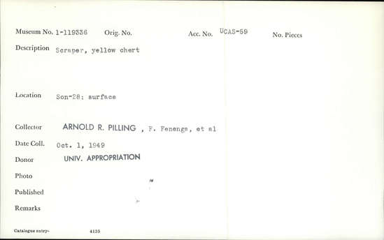 Documentation associated with Hearst Museum object titled Scraper, accession number 1-119336, described as Yellow chert.