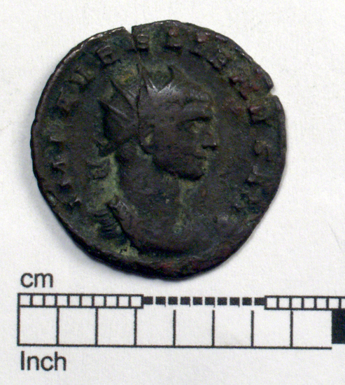 Hearst Museum object 1 of 8 titled Coin: billon antoninianus, accession number 8-4075, described as Coin; Billon; Antoninianus; Roman. 2.81 grams, 22 mm. Aurelian, 270-275 AD. Mediolanum, Italy. Obverse: IMP C AVRELIANVS AVG, Bust r. radiate. Reverse: RESTITVT ORIENTIS, female standing r. presents wreath to emperor in armor, in exergue P