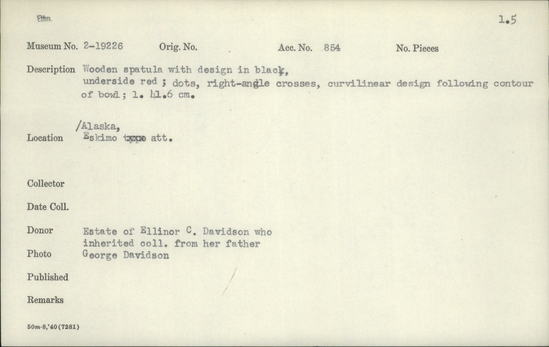 Documentation associated with Hearst Museum object titled Spatula, accession number 2-19226, described as Wooden with design in black, underside red; dots, right-angle crosses, curvilinear design following contour of bowl.