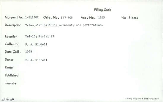 Documentation associated with Hearst Museum object titled Pendant, accession number 1-212302, described as Triangular haliotis; one perforation.