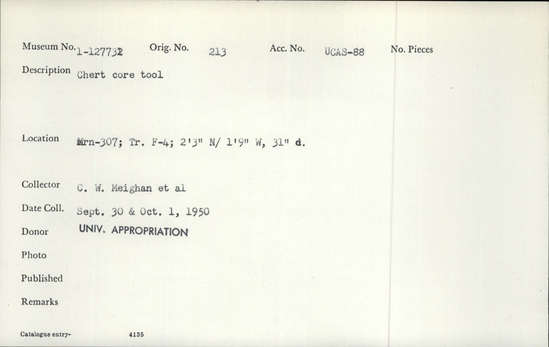 Documentation associated with Hearst Museum object titled Tool, accession number 1-127732, described as Chert core tool.