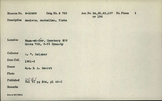 Documentation associated with Hearst Museum object titled Amulets, accession number 6-10586, described as Amulets, carnelian, fists.