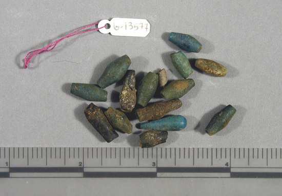 Hearst Museum object titled Beads, accession number 6-13577, described as Strung blue and brown barrel shaped beads