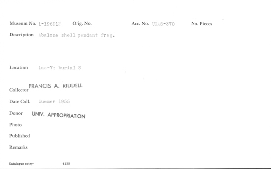 Documentation associated with Hearst Museum object titled Pendant fragment, accession number 1-196912, described as Abalone shell pendant fragment