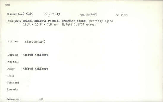 Documentation associated with Hearst Museum object titled Amulet, accession number 9-5225, described as Animal amulet; rabbit, brownish stone, probably agate