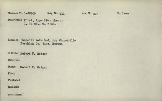 Documentation associated with Hearst Museum object titled Point, accession number 1-65409, described as Type SBa: chert