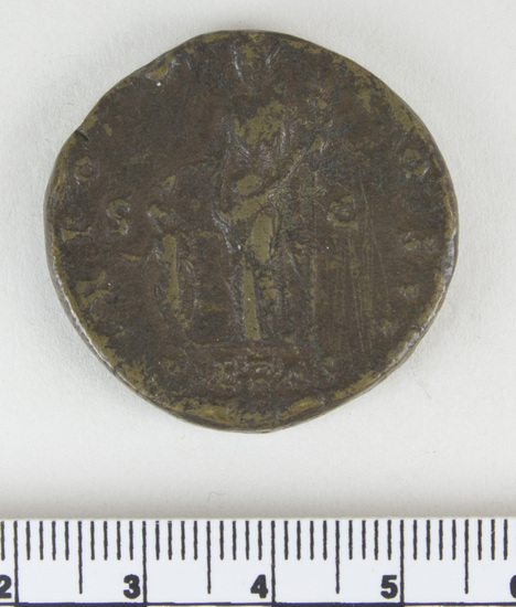 Hearst Museum object 14 of 14 titled Coin: æ sestertius, accession number 8-4887, described as Coin; AE; Sestertius; Roman. 22.80 grams, 32 mm. Marcus Aurelius, 148-149 AD. Rome, Italy. Obverse: AVRELIVS CAESAR AVG PII F, bust r. bare. Revere: TR POT III COS II, Pietas standing l., hand on head of small girl l.; in field, S C; in exergue, PIETAS. Remarks: Date is unlikely, falls during reign of Antoninus Pius.