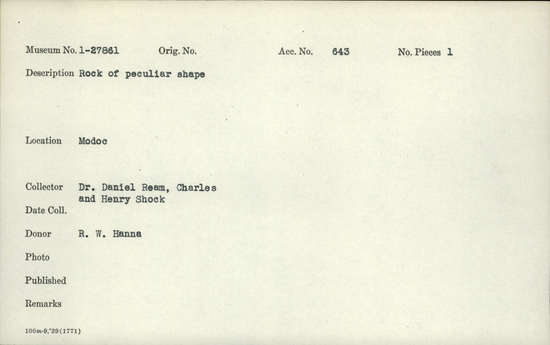 Documentation associated with Hearst Museum object titled Rock, accession number 1-27861, described as Of a peculiar shape.