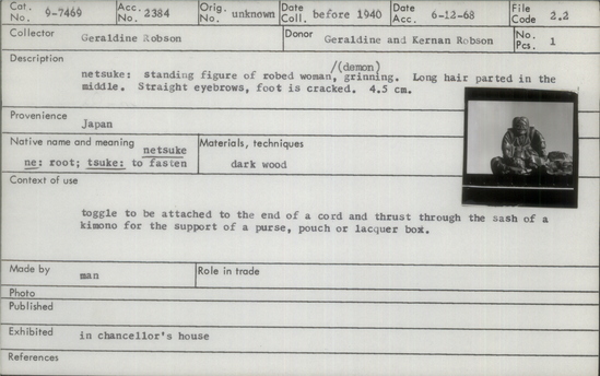 Documentation associated with Hearst Museum object titled Netsuke, accession number 9-7469, described as Netsuke: standing figure of robed woman (demon), grinning. Long hair parted in the middle. Straight eyebrows, foot is cracked.