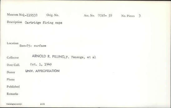 Documentation associated with Hearst Museum object titled Caps, accession number 1-119538, described as Cartridge firing