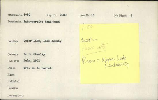 Documentation associated with Hearst Museum object titled Tumpline, accession number 1-80, described as headband for baby-carrier.