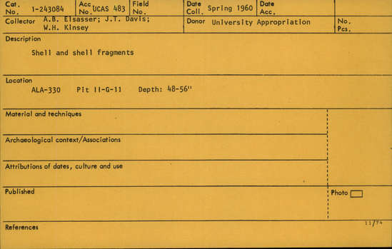 Documentation associated with Hearst Museum object titled Shell and shell fragments, accession number 1-243084, described as Shell and Shell fragments.