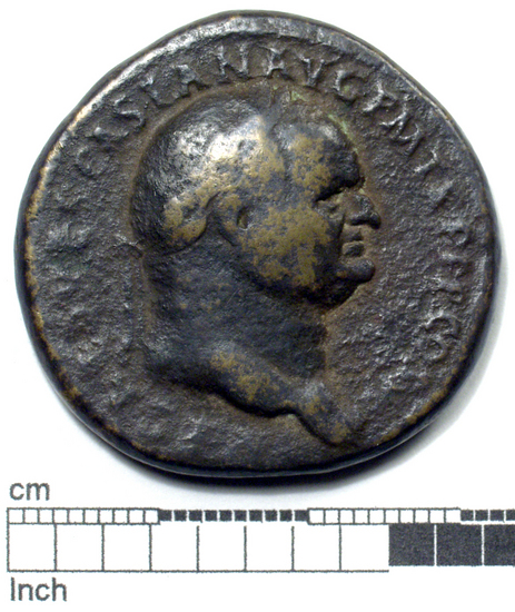 Hearst Museum object titled Coin: æ, accession number 8-6112, described as Coin: Æ; Vespasian - 22.86 grams. Obverse: IMP CAES VESPASIAN AVG PM TRP PP COS VII - Head laureate facing right. Reverse: SC in field; Spes advancing left holding flower in right hand, holding up skirt in left.