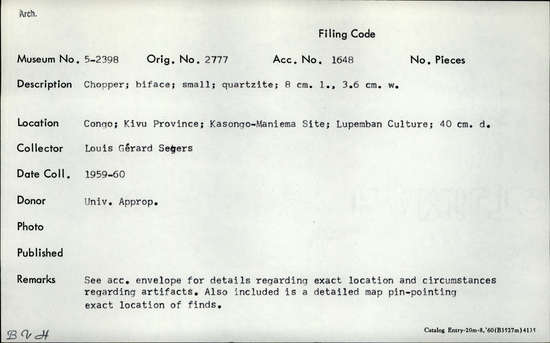 Documentation associated with Hearst Museum object titled Chopper, accession number 5-2398, described as Chopper; biface; small; quartzite