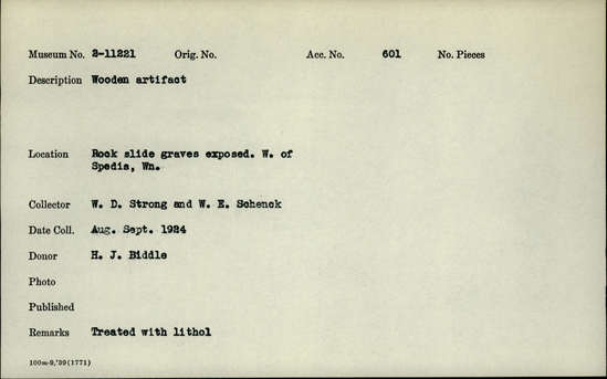 Documentation associated with Hearst Museum object titled Wooden artifact, accession number 2-11221, described as Wooden artifact.