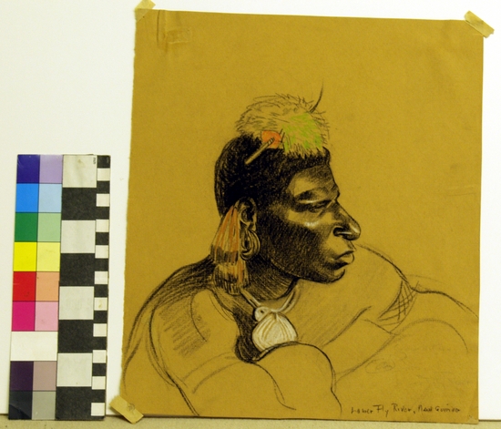 Hearst Museum object titled Portrait, accession number 17-645, described as Sketch of a Melanesian man wearing a head ornament; charcoal on paper with colored chalking. Width: 26 cm; height: 31 cm.