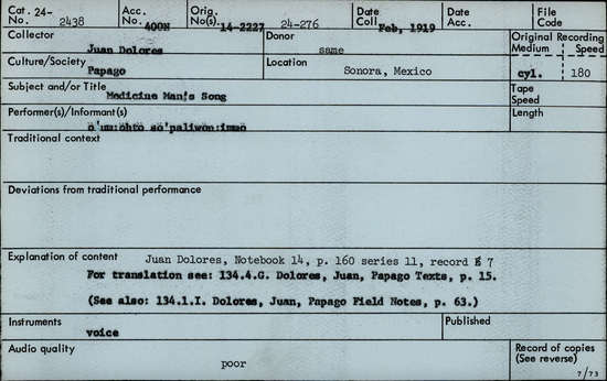 Documentation associated with Hearst Museum object titled Audio recording, accession number 24-2438, described as Medicine Man's Song Notebook 14, p. 160 Series 11, Record 7