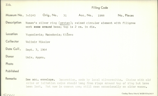 Documentation associated with Hearst Museum object titled Silver ring, accession number 7-5140, described as Woman's silver ring (prsten); raised circular element with filigree work around base; top is 2 cm in dia.