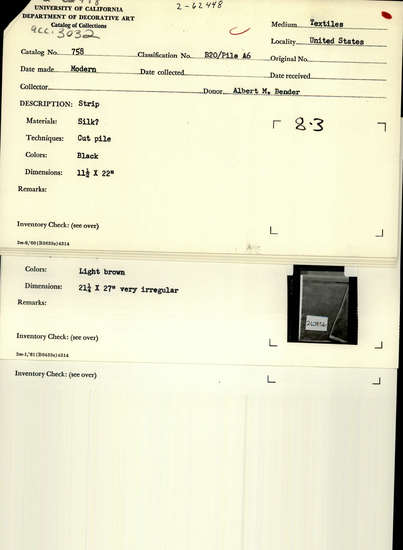 Documentation associated with Hearst Museum object titled Textile sample, accession number 2-62448, described as Strip; silk?, cut pile, black