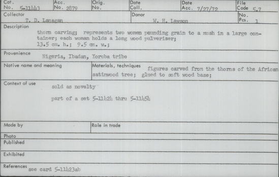 Documentation associated with Hearst Museum object titled Thorn carving, accession number 5-11443, described as thorn carving;  represents two women pounding grain to a mush in a large container;  each woman holds a long wood pulverizer; 13.5 cm h.; 9.5 cm w.