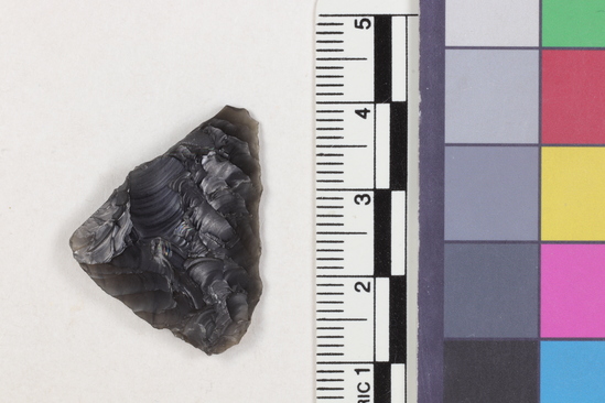 Hearst Museum object titled Projectile point fragment, accession number 16-14206, described as Projectile point; obsidian; triangular; weight: 3.0 grams; length: 2.65 cm; width: 2.25 cm; depth:0.5x cm; convex sides, straight base, thinned base.