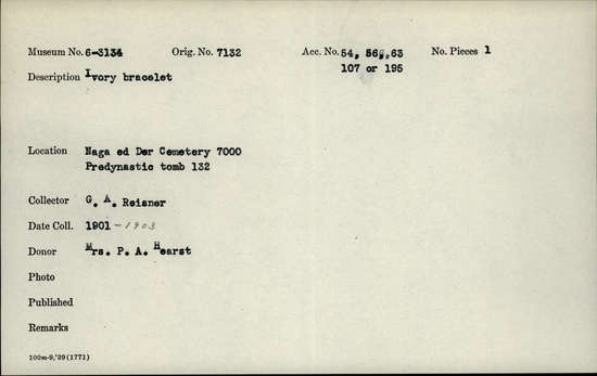 Documentation associated with Hearst Museum object titled Bracelet, accession number 6-3134, described as Ivory bracelet