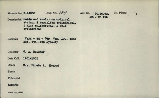 Documentation associated with Hearst Museum object titled Beads, accession number 6-14068, described as beads and amulet on original string; one carnelian cylindrical, two blue cylindrical, one gold cylindrical