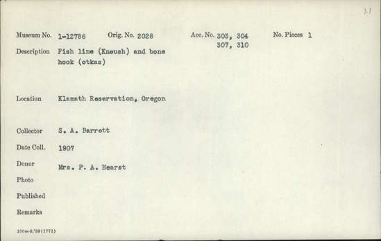 Documentation associated with Hearst Museum object titled Fishhook and fishing line, accession number 1-12756, described as Fish line (kneush) and bone hook (otkas)