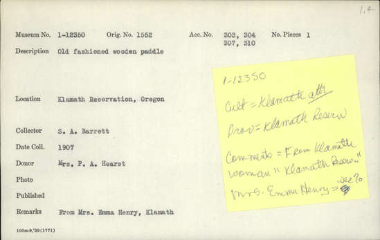 Documentation associated with Hearst Museum object titled Paddle, accession number 1-12350, described as Old fashioned wooden paddle.