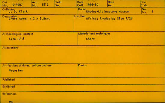 Documentation associated with Hearst Museum object titled Core, accession number 5-3907, described as Chert core;