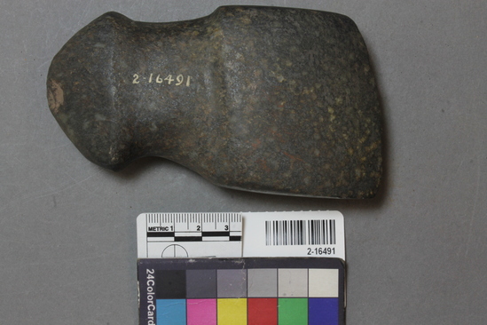 Hearst Museum object titled Axe, accession number 2-16491, described as Stone axe with complete flat groove, small pyramidal butt