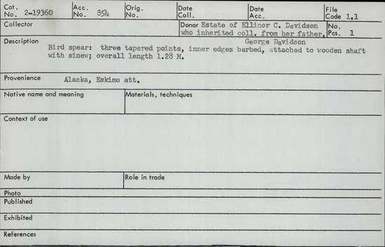 Documentation associated with Hearst Museum object titled Spear, accession number 2-19360, described as Three tapered points, inner edges barbed, attached to wooden shaft with sinew.