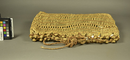 Hearst Museum object titled Basket, seoikago, accession number 9-22892a-c, described as A woven basket tied around the waist and carried at the hip. 9-22892b and c are raw materials.