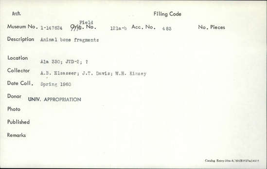 Documentation associated with Hearst Museum object titled Faunal remains, accession number 1-147624, described as Animal.