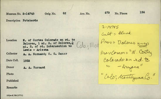 Documentation associated with Hearst Museum object titled Potsherd, accession number 2-14745, described as Potsherds. Including black on white, corrugated, black on orange.