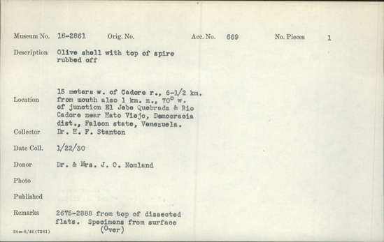 Documentation associated with Hearst Museum object titled Bead, accession number 16-2861, described as Olive shell; top of spire rubber off