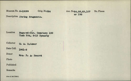 Documentation associated with Hearst Museum object titled String fragments, accession number 6-13099, described as String fragments.