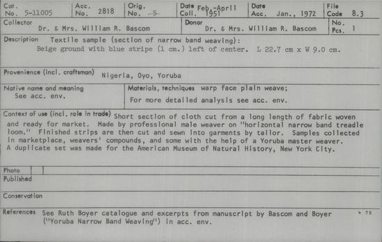 Documentation associated with Hearst Museum object titled Textile sample, accession number 5-11005, described as Textile sample (section of narrow band weaving). Beige ground with blue stripe (1 cm) left of center.