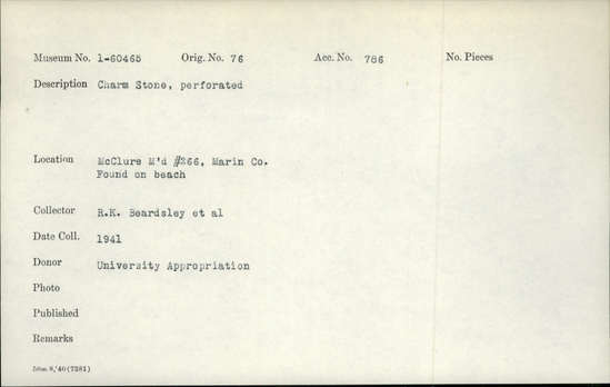 Documentation associated with Hearst Museum object titled Charmstone, accession number 1-60465, described as Perforated. Notice: Image restricted due to its potentially sensitive nature. Contact Museum to request access.