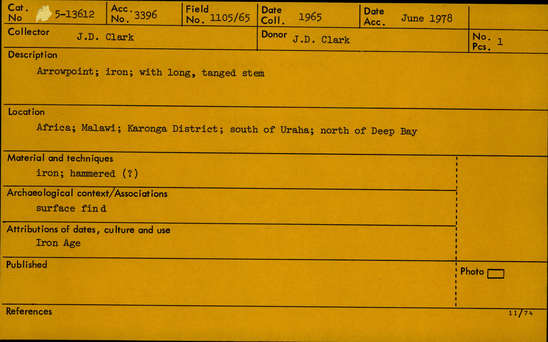 Documentation associated with Hearst Museum object titled Arrowhead, accession number 5-13612, described as Arrowpoint; iron; with long, tanged stem