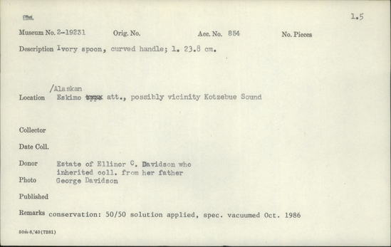 Documentation associated with Hearst Museum object titled Spoon, accession number 2-19231, described as Ivory, curved handle.