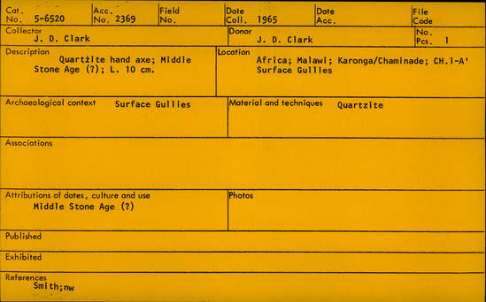 Documentation associated with Hearst Museum object titled Handaxe, accession number 5-6520, described as quartzite handaxe