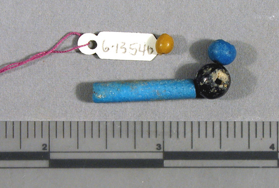 Hearst Museum object titled Beads, accession number 6-13540, described as Beads: 1 blue tubular 1 blue spherical, 1 glass spherical, 1 small nut [inv.: 1 cylinder beads (faience), 3 ball beads (faience)]