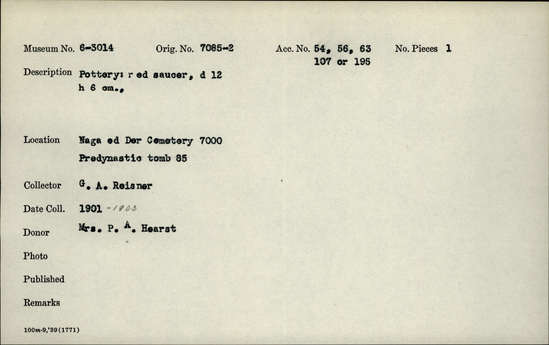 Documentation associated with Hearst Museum object titled Saucer, accession number 6-3014, described as Pottery: red saucer, diameter 12 cm, height 6 cm