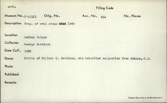 Documentation associated with Hearst Museum object titled Oil lamp, accession number 2-19121, described as Stone lamp