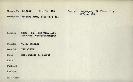 Documentation associated with Hearst Museum object titled Bowl, accession number 6-13654, described as Pottery bowl, d 12- h 5 cm.