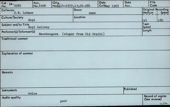 Documentation associated with Hearst Museum object titled Audio recording, accession number 24-2582, described as Hopi Lullaby